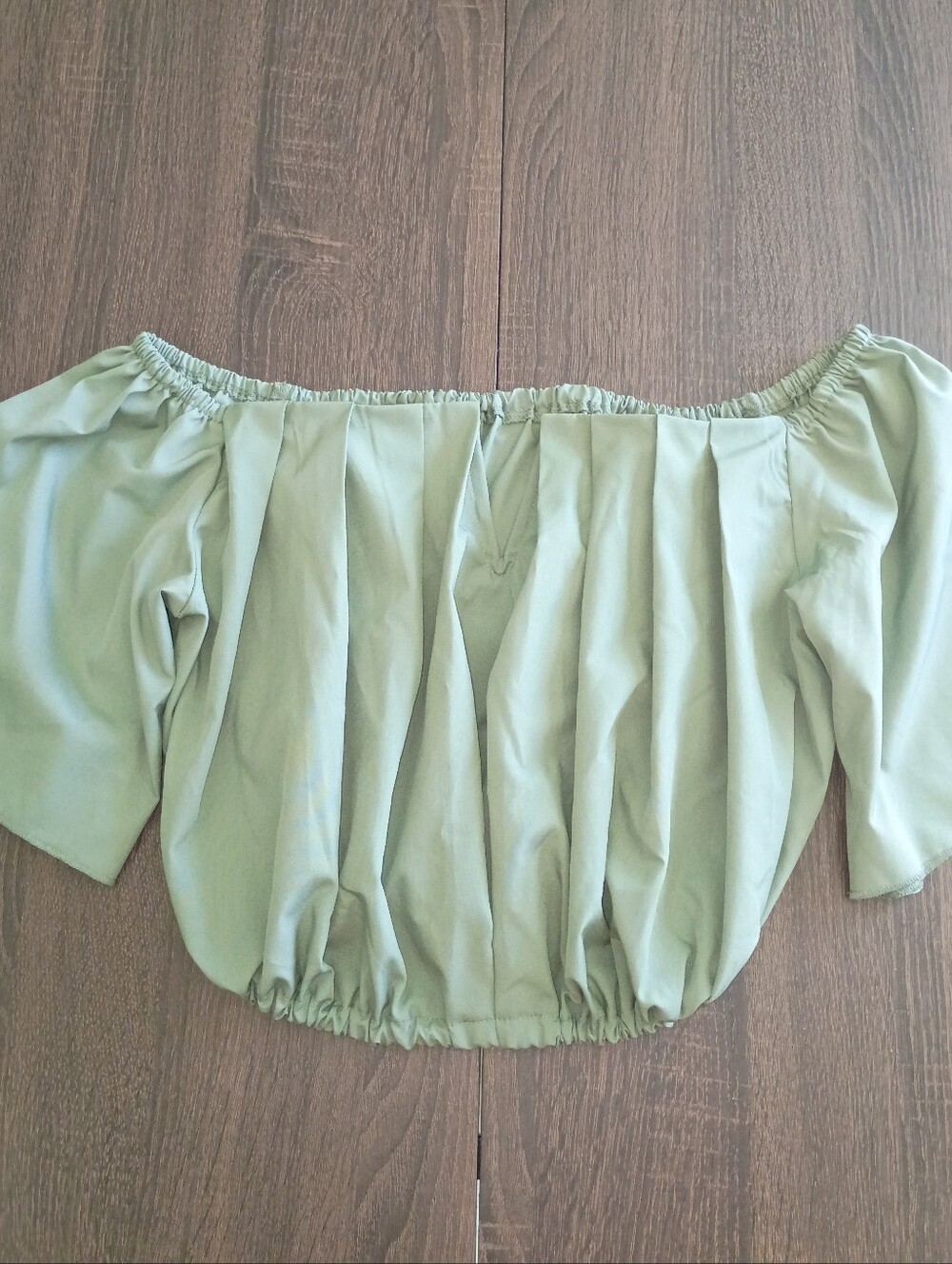 SHEIN Womens Medium Sage Green Off Shoulder Ruched Crop Top Short Sleeve